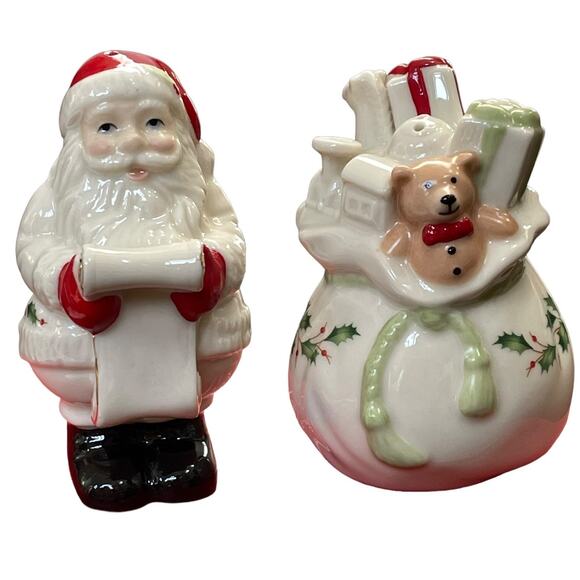 Lenox Holiday Christmas Salt & Pepper Shakers Santa & Toy Bag Checking It Twice - Picture 1 of 11
